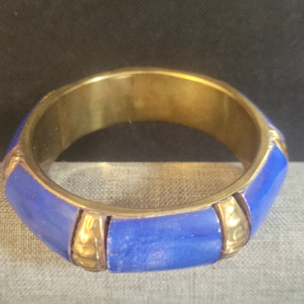 Vintage Brass and Blue Resin Inlay Bangle Bracelet Size 7.5 Medium